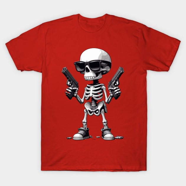 Funny Skeleton; Skull Gun T-Shirt by Teebevies